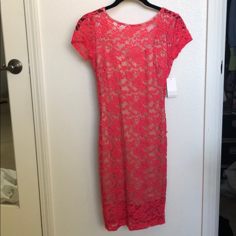 Macy’s coral/nude lace cocktail dress